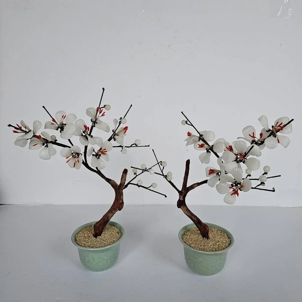 Vintage Chinese Glass Bonsai Tree Pair White Plum Blossom Celadon‎ Pot Decor